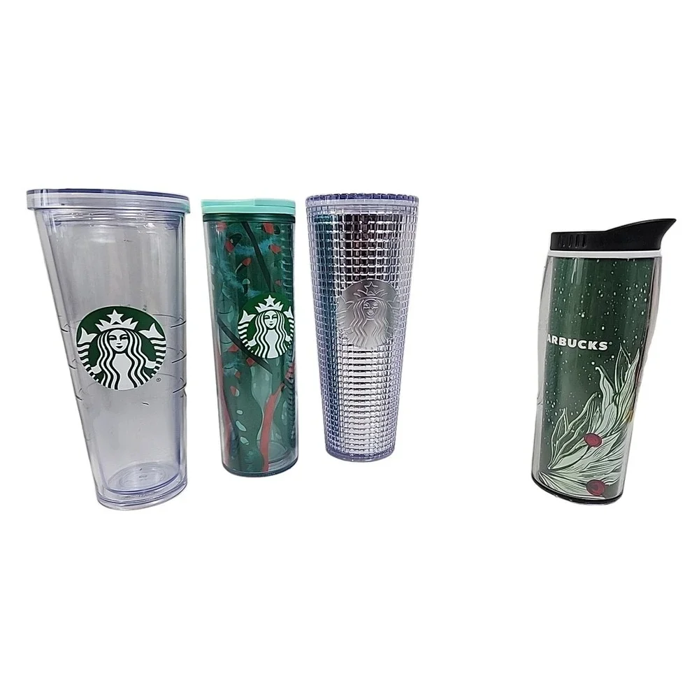 Lot of 4 Starbucks Assorted Hot/Cold Acrylic Tumblers w Lids & One Straw